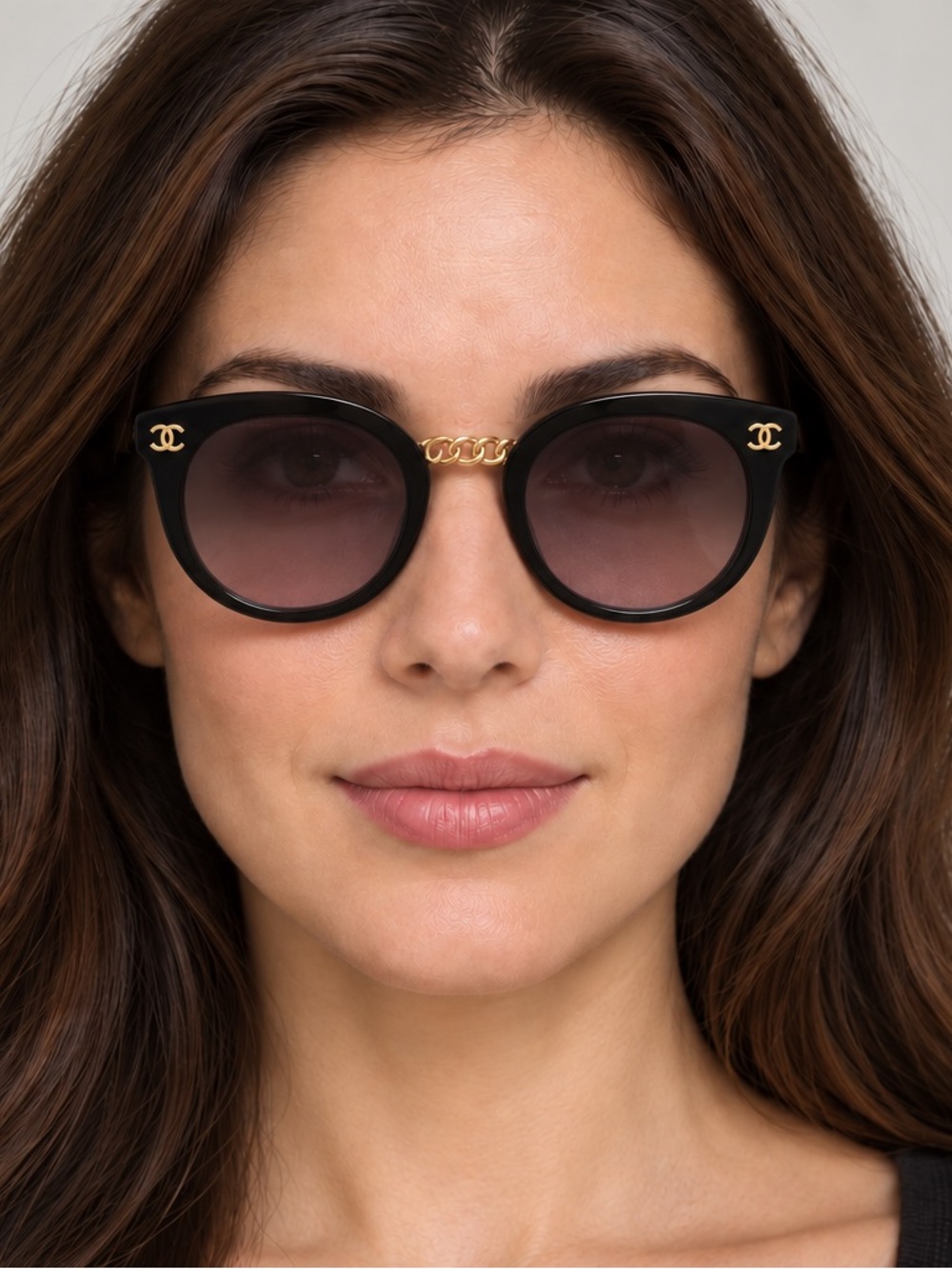CHANEL Black Sunglasses with Gold Chain Bridge
